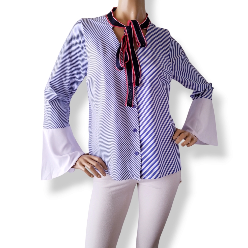 Denimland Multi Striped Split Deep V-Neck Blouse with Bell Sleeves & Neck Ties
